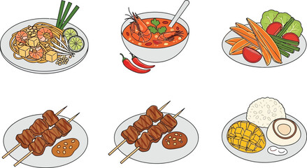 Thai cuisine collection with pad thai tom yum soup vegetable stir-fry chicken satay and mango sticky rice © MDMUKTADIR