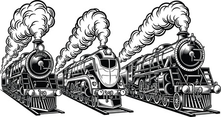 Vintage Steam Locomotive Train Set Black and White Engraving Vector Illustration © Selina