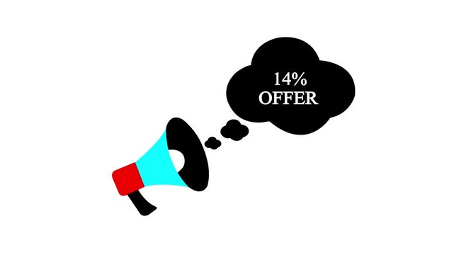Megaphone Animation with 14 Percent Discount Offer Speech Bubble, Big Sale Promotion Announcement, Vector Graphic Motion for Marketing and Advertising Campaigns on White Background.