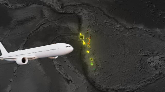 Vanuatu highlighted on Pacific map with island glow and travel arrow pointer 4k animation video