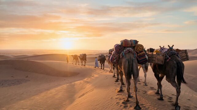 Camel Caravan Travels Across Desert at Sunset
