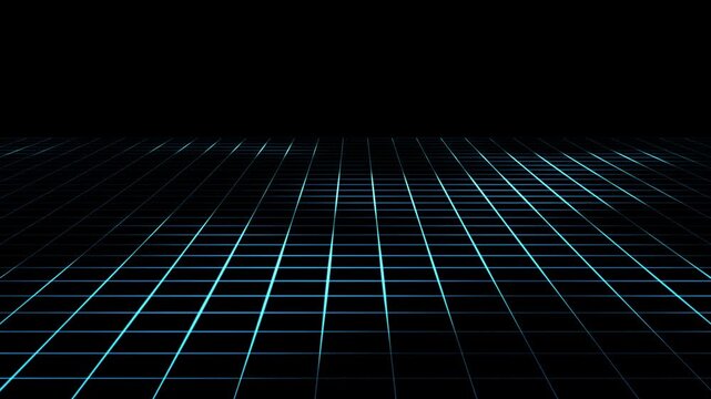 3d perspective grid lines loop animation retro abstract technology background, Black background with animated waving blue wireframe grid line fit for alpha channel or overlay layer