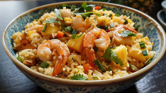 Delicious shrimp and vegetable stir fry with rice in a blue bowl on a wooden table with fresh herbs and spices
