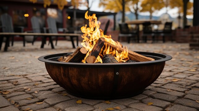 Rustic Fire Pit with Burning Wood on a Brick Patio