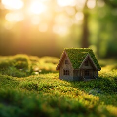 Miniature house on moss in nature's embrace.