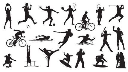 Silhouettes of athletes in various sports actions dynamic energetic black high contrast vector illustration for fitness