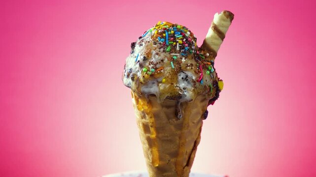 Ice cream in a waffle cone slowly rotates around its axis against a bright background, 