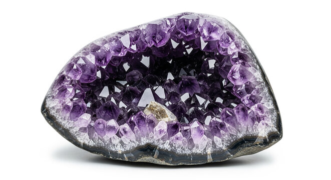 Amethyst geode crystal cluster on white background showcasing purple quartz crystals and mineral formation