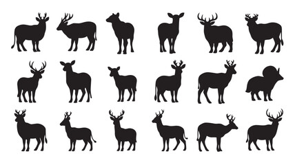 Obraz premium Deer Silhouettes Collection in Various Poses and Antler Configurations in Black on White Background for Wildlife Illustration