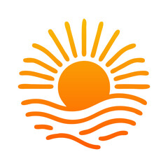 Logo agencia de viajes. Vacaciones de verano. Dibujo sencillo con líneas de un sol con olas de mar de color anaranjado  © teracreonte