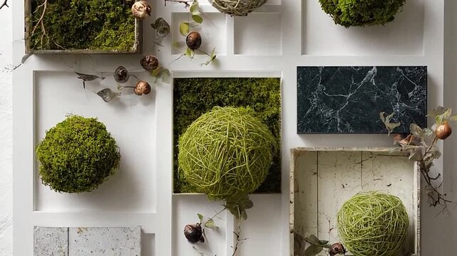Decorative natural elements arranged in a grid pattern on a white surface