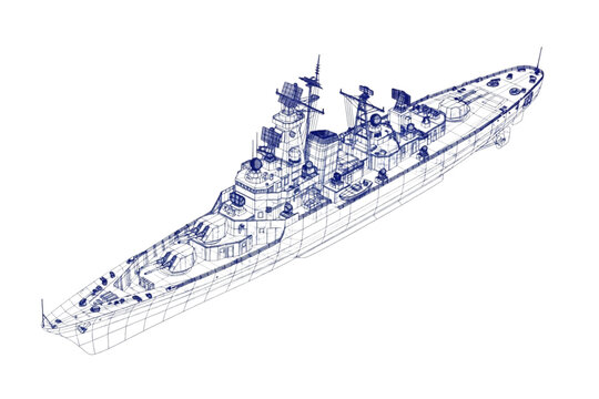 Detailed Warship - 3D Wireframe Model Isometric View Isolated White Background Vector