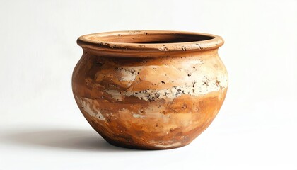 Rustic Terracotta Pot with Weathered Texture on White Background.