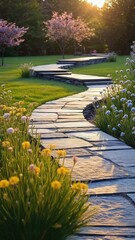 Obraz premium Curved garden pathway through blooming flowers
