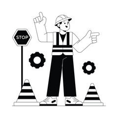 Construction Worker Holding Road Cone  vector illustration Eps 10 File     