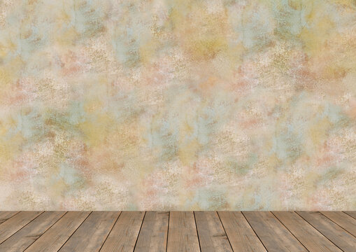 Background for photo studio with wooden table and backdrop.