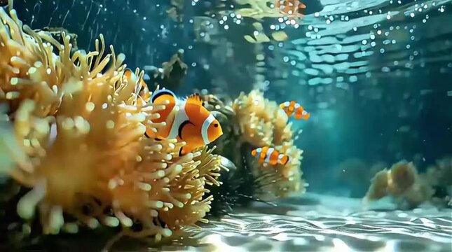 Playful Clownfish Among Lush Anemones in Crystal Waters. Explore the lively interaction of clownfish amidst an enchanting underwater coral garden.