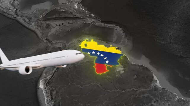 Venezuela highlighted on America map with flag overlay and travel arrow pointer 3d4k animation video
