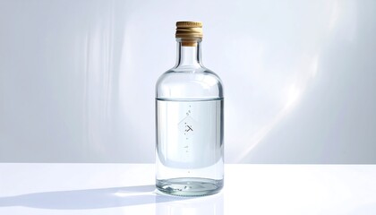 Obraz premium A tall, clear glass bottle with a cork stopper is centered on a white surface, lit with subtle highlights. The bottle contains a light blue liquid