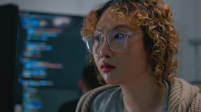Adult male,asian female freelance typing write prompt AI bot IT app smart program,develop agentic ai,terminal with coding language,ux ui interface,designer,big data server center,quantum computer.