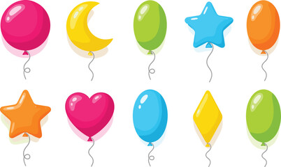 Colorful Glossy Party Balloons Set with Star Heart Moon and Oval Shapes Cartoon Vector Illustration © Mifta