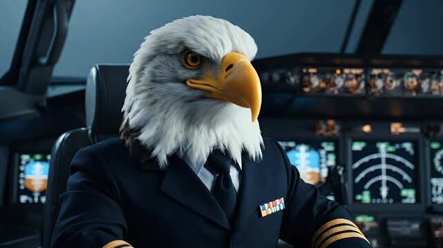 Anthropomorphic eagle pilot in cockpit with advanced flight instruments