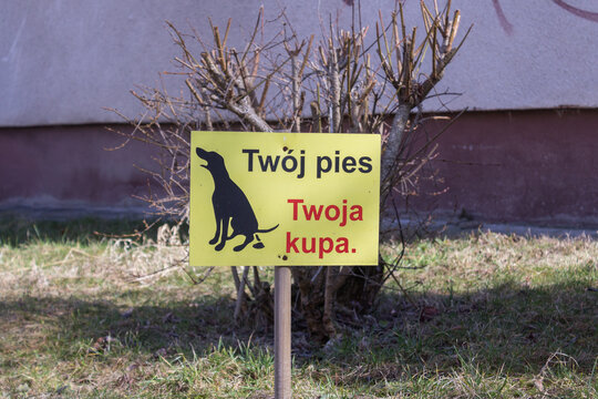 Tabliczka informacyjna &bdquo;tw&oacute;j pies twoja kupa&rdquo;, przypomnienie o sprzątaniu po psie w przestrzeni publicznej.
