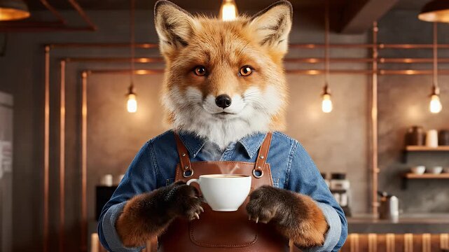 Anthropomorphic fox barista enjoying coffee in cozy caf?