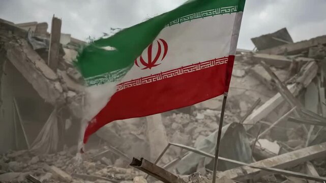 Iranian Flag Waving Amidst Rubble and Ruins of a Destroyed Building