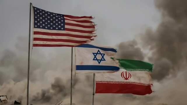 Tattered USA Israel and Iran Flags Waving Amidst Smoke and Conflict