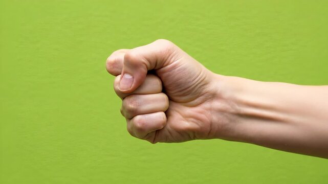Close up of a hand making a fist gesture, opening and closing against a green background