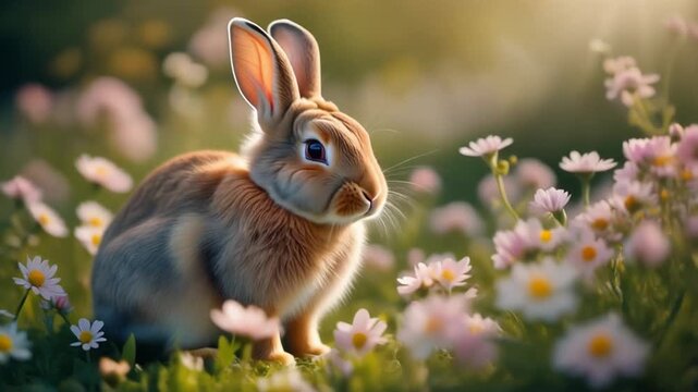 A fluffy brown rabbit sits among delicate spring flowers under the soft rays of the sun. The frame is imbued with an atmosphere of warmth, tranquility, and the awakening of nature.