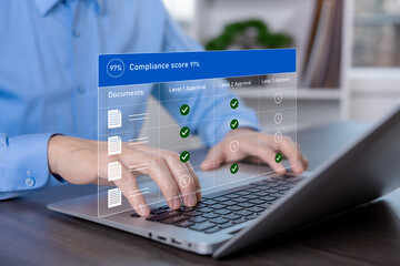 Digital compliance management dashboard showing document approval workflow, audit tracking and corporate governance system on laptop interface, representing business regulation and risk management.