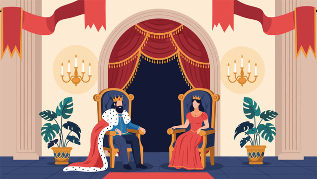 Royal king and queen wearing crowns and regal attire sitting on gold thrones in a majestic palace hall with red banners.
