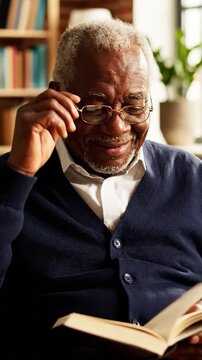 Elderly Man Reading Book Happily at Home
