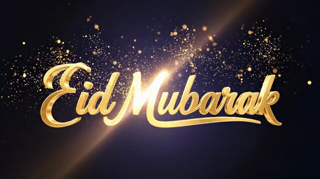 3D Golden Eid Mubarak Calligraphy with Shimmering Light Rays and Festive Particles Representing Premium Digital Greetings for Islamic Holidays