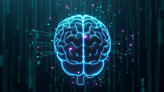 Abstract digital illustration of a glowing blue human brain with network connections and particles against a dark, futuristic background