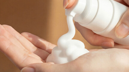 Hands applying white foam from a bottle in a studio, skincare cleansing, beauty routine, cosmetic product.