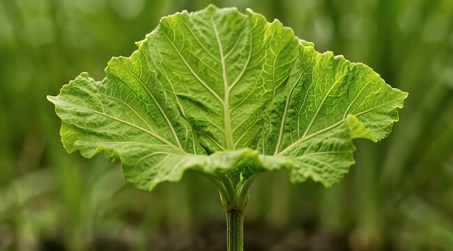 Vibrant green ruffled leaf unfurling from a thick stalk in a sunlit garden