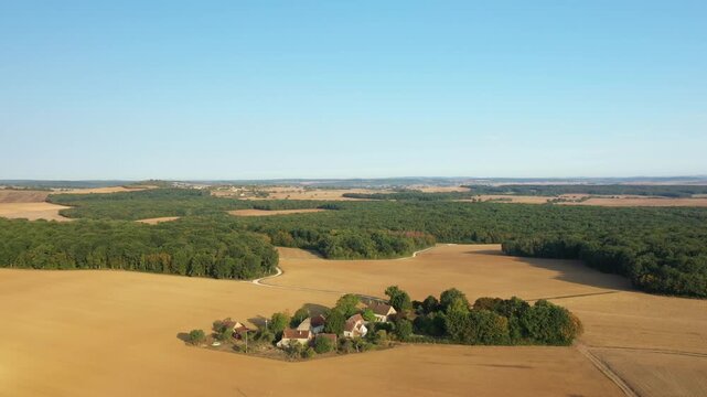 Drone shot of a small countryside farm surrounded by golden fields and dense forest under a clear blue sky, La Grange Treillard, France.