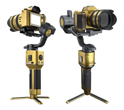 3-axis gimbal stabilization system with nonexistent mirrorless camera on white