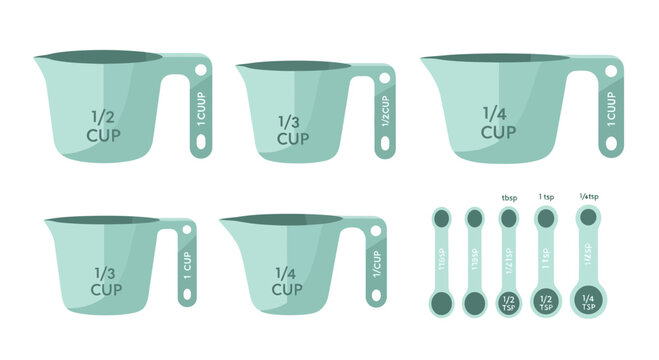 A vibrant vector illustration displaying a comprehensive set of essential measuring cups and spoons, ideal kitchen tools for precise baking, accurate cooking, and ingredient measurement