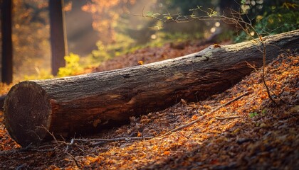 Fototapeta premium A Fallen Log Laying On A Forest Floor Covered With Dried Leaves And Small Twigs