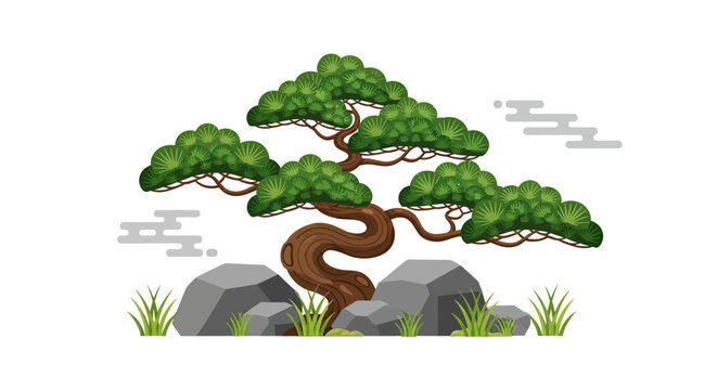 Pixel Art Bonsai Tree with Rocks and Grass