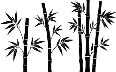 Obraz premium Bamboo stalk silhouettes with leaves, tropical plant illustration, nature vector design, Asian style artwork, eco friendly symbol, zen garden inspiration, decorative botanical element