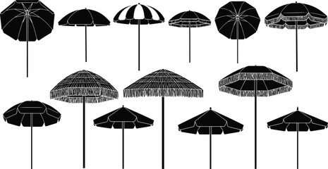 Beach umbrella silhouettes collection, summer shade icons, tropical parasol designs, outdoor canopy variations, vacation sun protection, seaside leisure, coastal lifestyle, vector illustration © MDMUNTASSER