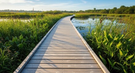 Fototapeta premium Wooden boardwalk path winding through lush green marshland, bathed in golden sunlight. Serene boardwalk path meanders alongside reflective water and vibrant wetland plants.