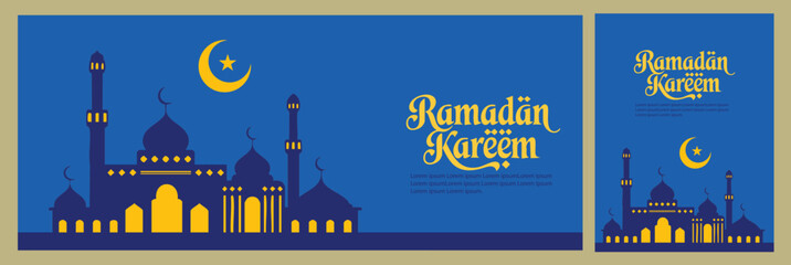 Ramadan Kareem vector background featuring golden mosque silhouette, crescent moon and star on deep blue night sky. Modern Islamic typography poster design for banner, greeting card, social media. © Jonal
