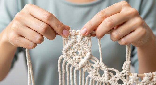 Close up macrame crafting, hands weaving intricate knots with natural cotton cord. Macrame crafting requires skill, patience, creating unique decorative patterns.