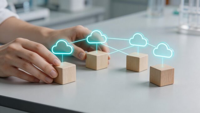 Cloud integration concept with app syncing using wooden blocks and digital api connections